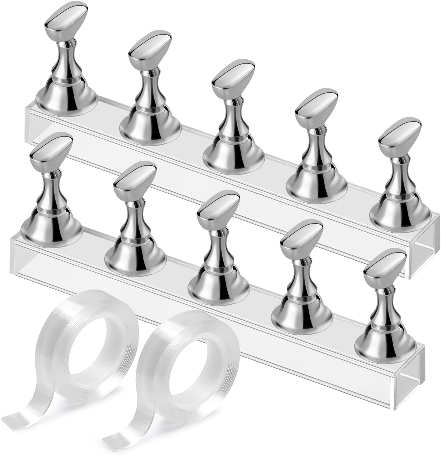 Etercycle acrylic nail display stand front view showing silver magnetic holders on crystal base