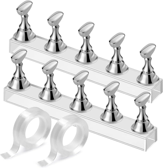Etercycle acrylic nail display stand front view showing silver magnetic holders on crystal base