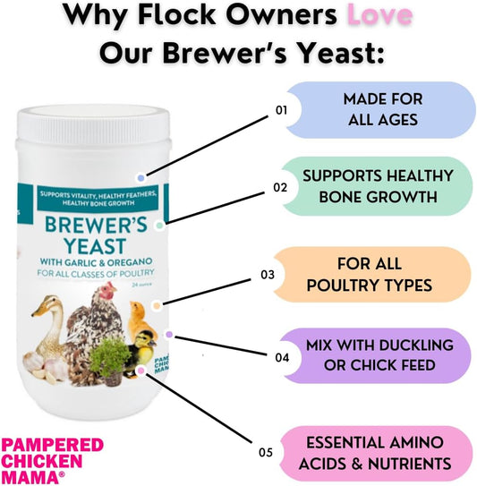 Pampered Chicken Mama duck and chicken supplement showcasing garlic and oregano ingredients.