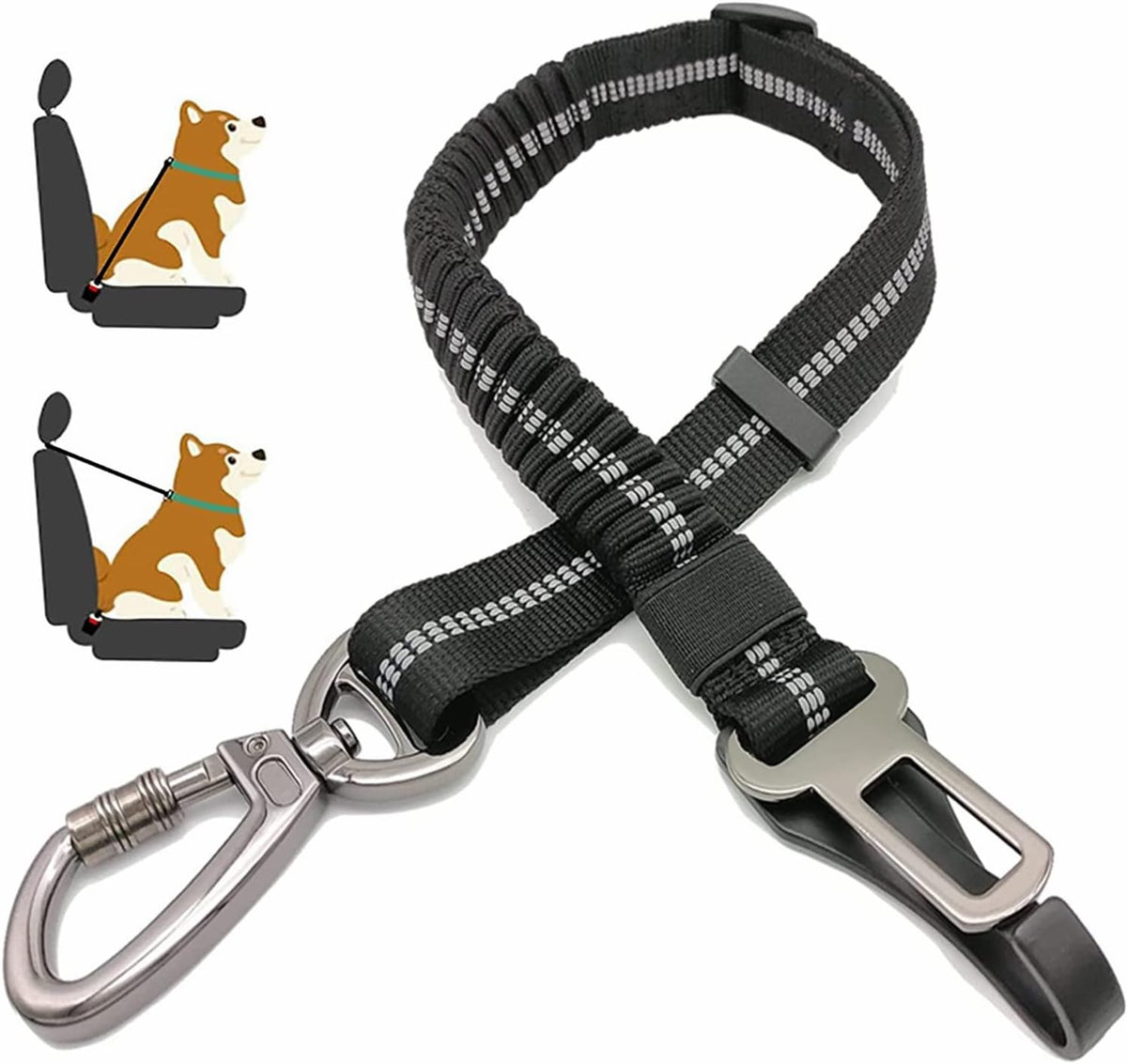 Jorohiker Dog Seat Belt front view showing bungee and carabiner