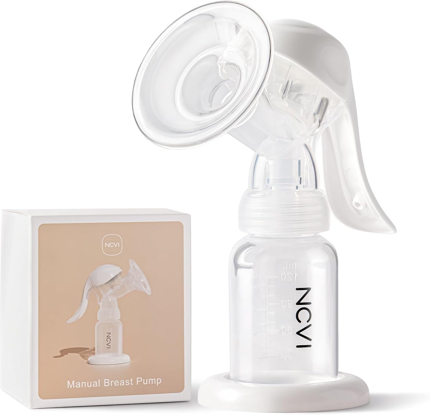 NCVI manual breast pump front view showing twenty millimeter silicone flange and four ounce bottle