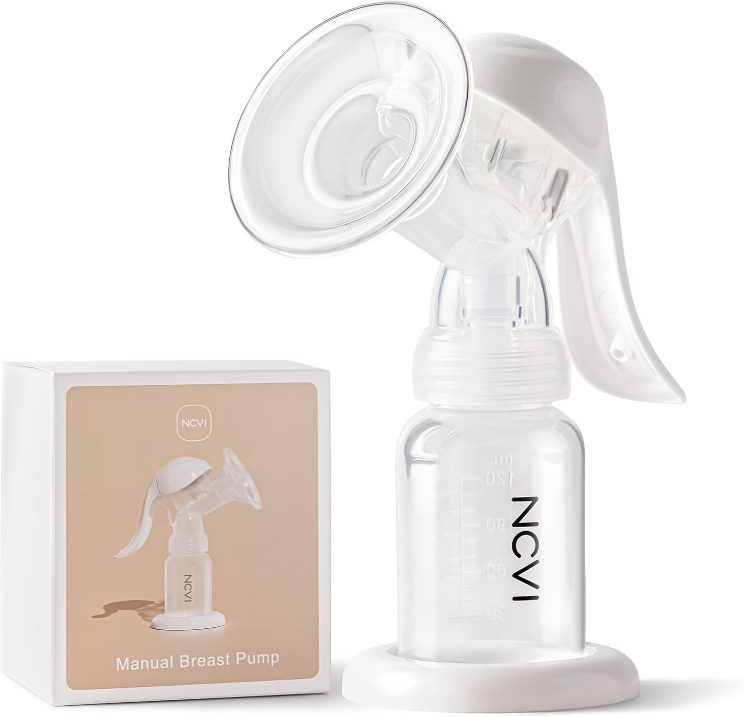 NCVI manual breast pump front view showing twenty millimeter silicone flange and four ounce bottle
