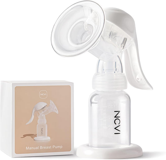 NCVI manual breast pump front view showing twenty millimeter silicone flange and four ounce bottle
