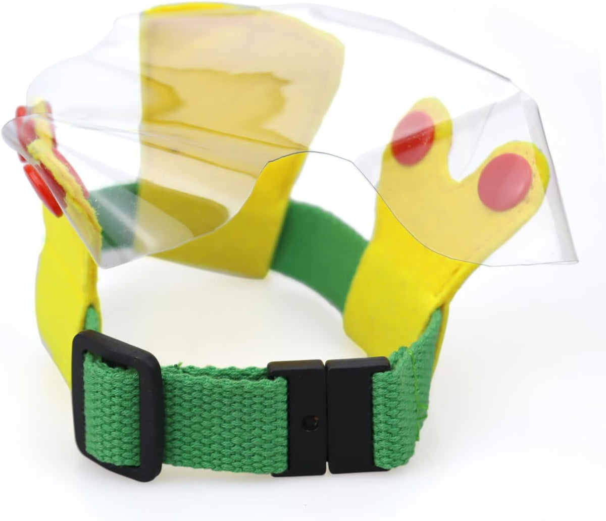 Transparent cat eye covering wound protector with adjustable green strap side profile.