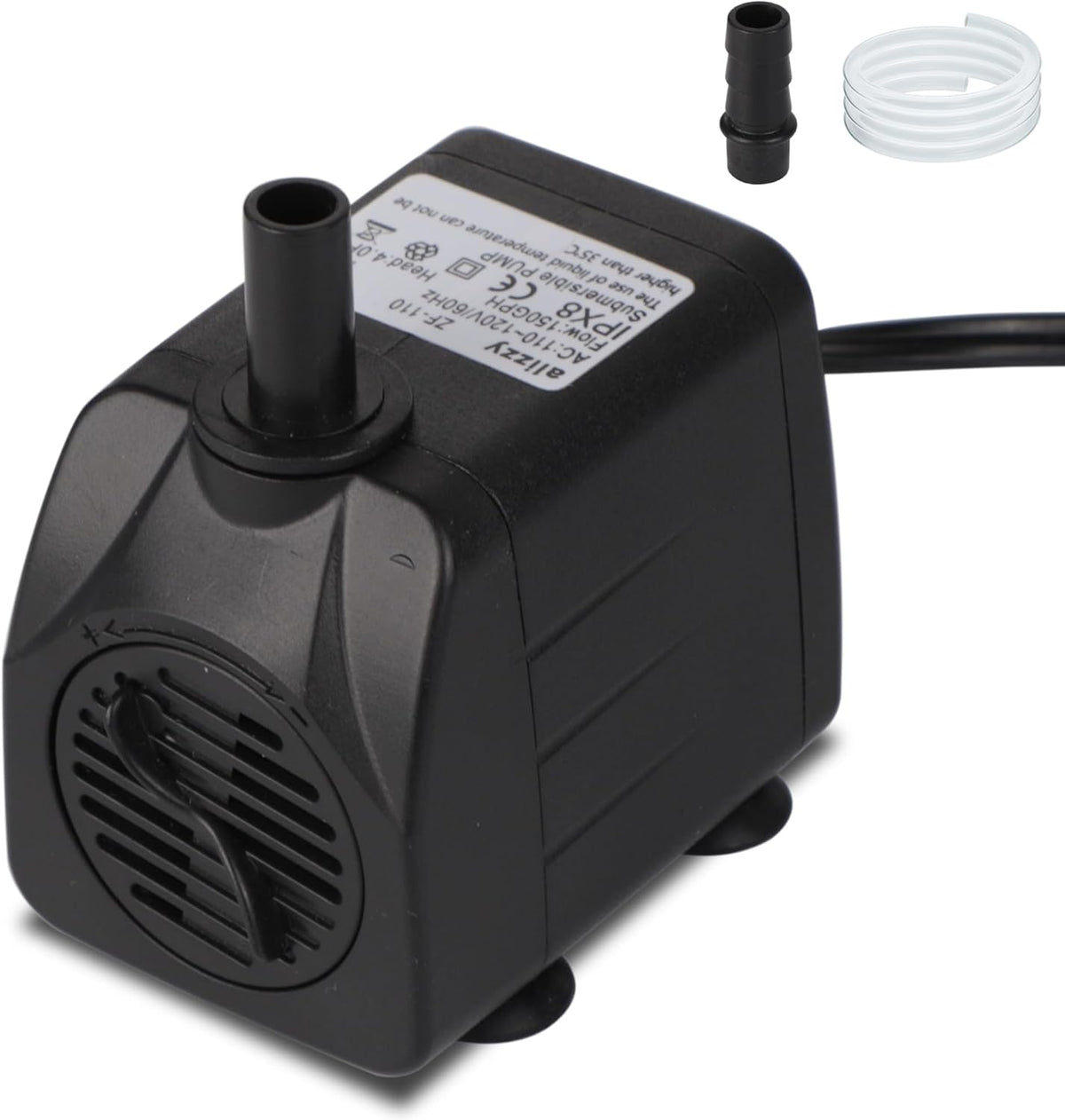 Lyqily Alizzy 150 GPH submersible water pump front view showcasing compact 10W motor design.
