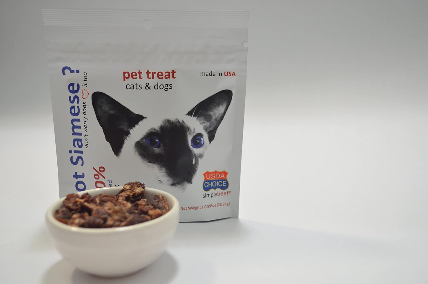Got Siamese? pet treat package showing USDA choice grade label