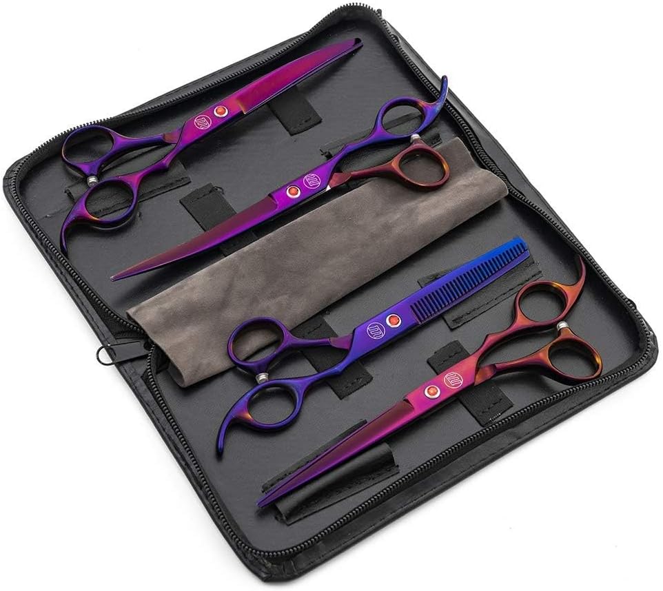Moontay 7 inch straight and curved pet grooming scissors laid out on leather case