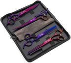 Moontay 7 inch straight and curved pet grooming scissors laid out on leather case