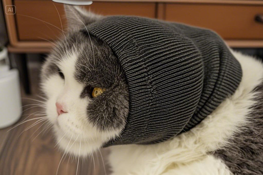 Cat wearing grey pinpoint mesh anxiety relief snood