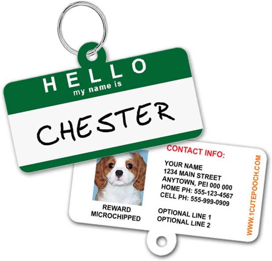 1 Cute Pooch pet ID tag displayed in blue and pink color variations