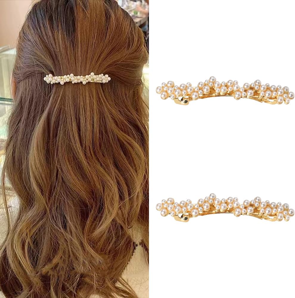 Kefley pearl hair clips front view displaying two elegant gold French barrettes with white faux pearls and rhinestones