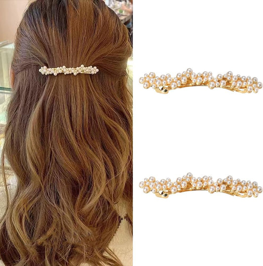 Kefley pearl hair clips front view displaying two elegant gold French barrettes with white faux pearls and rhinestones