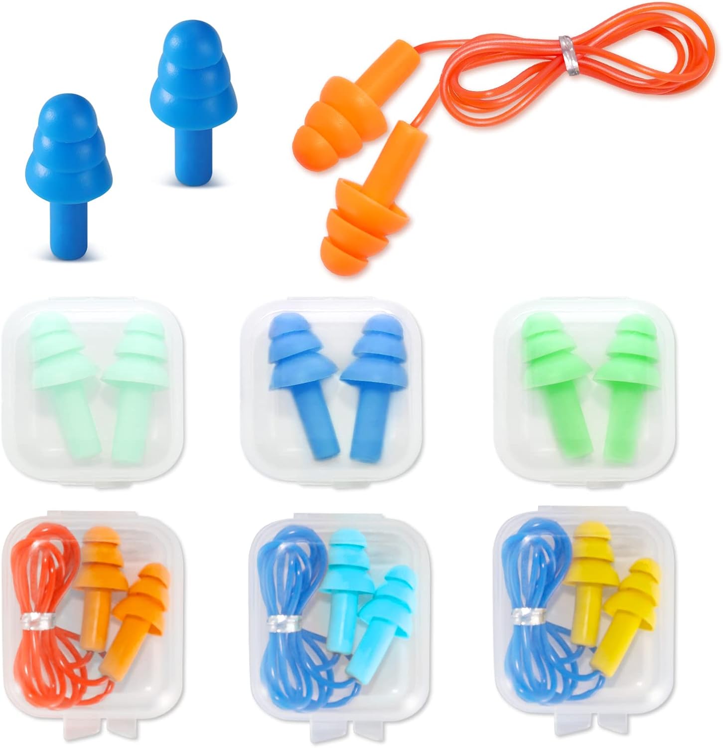 VoMii reusable silicone ear plugs front view showing six multi-color pairs with individual storage cases.