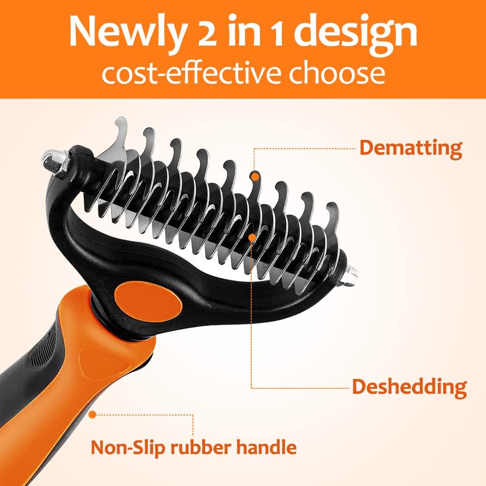 Pet owner using Peita Pet rake on long hair dog