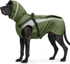 Mosucoirl dog raincoat front view showing the protective green waterproof material.