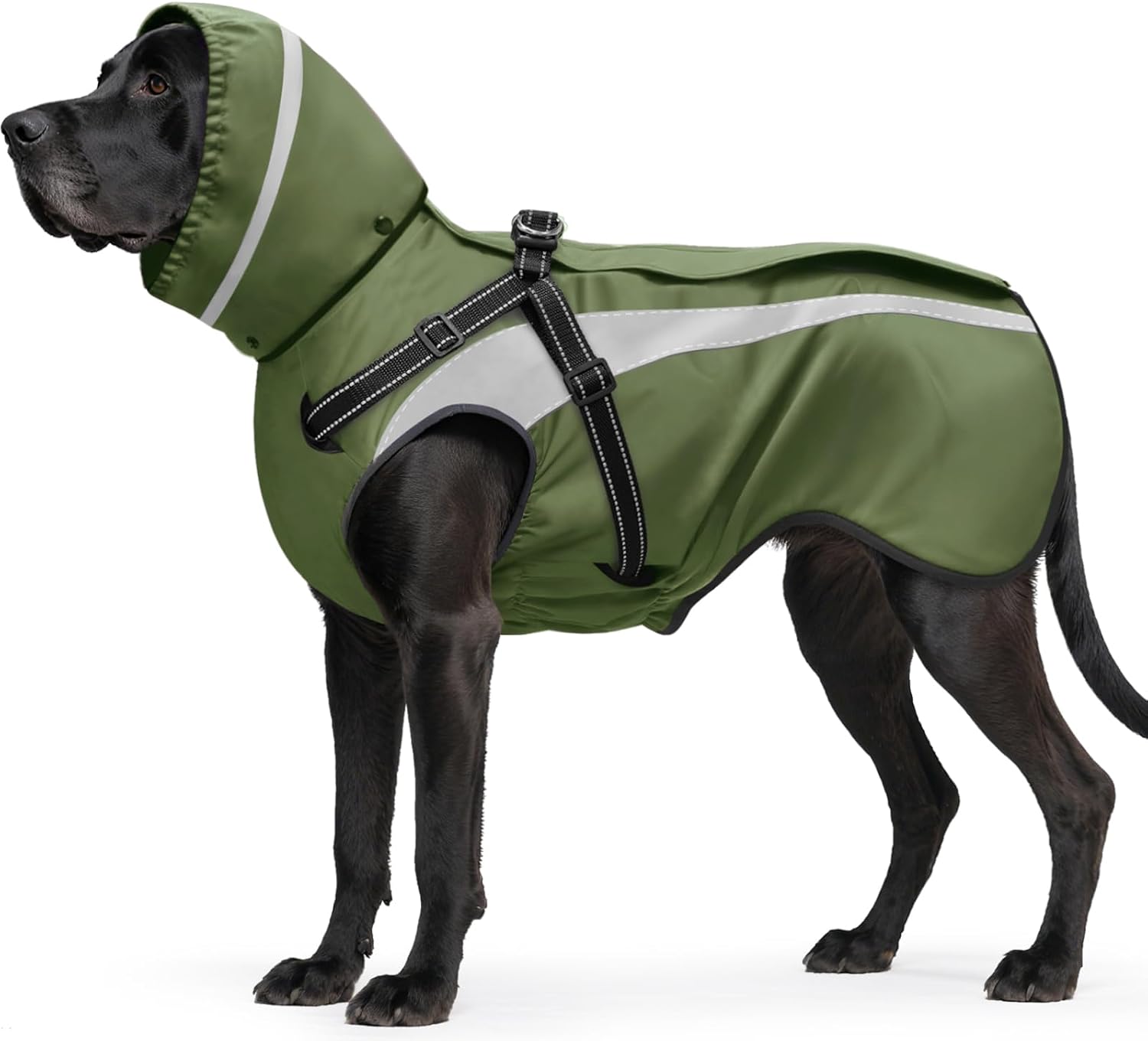 Mosucoirl dog raincoat front view showing the protective green waterproof material.