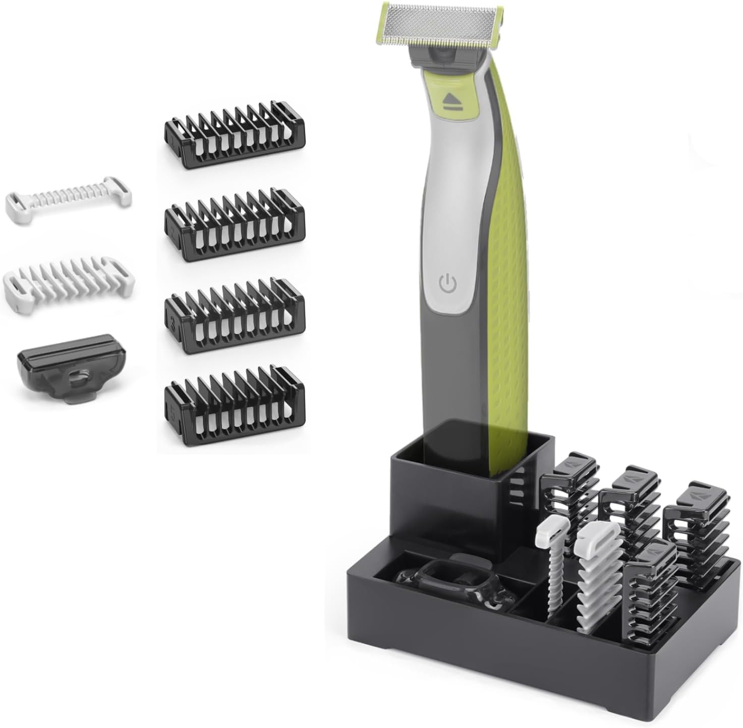 Zerika guide guards with stand front view showing lime green accents and black storage base