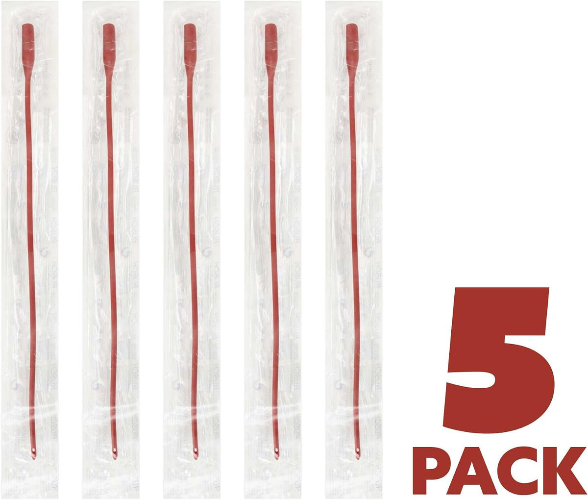 Five individual 16 inch red rubber nursing tubes laid out for veterinary product comparison.