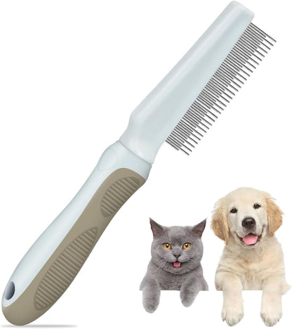 ROPO 2-in-1 pet grooming comb front view showing long and short stainless steel teeth.