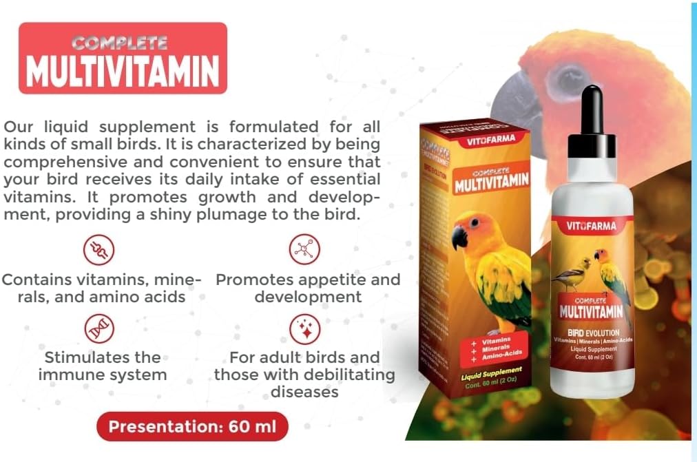 Vitofarma bird health supplement bottle with dropper application