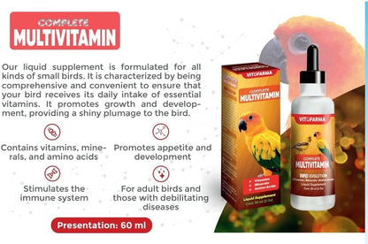 Vitofarma bird evolution multivitamin showing dosage instructions for small pet birds