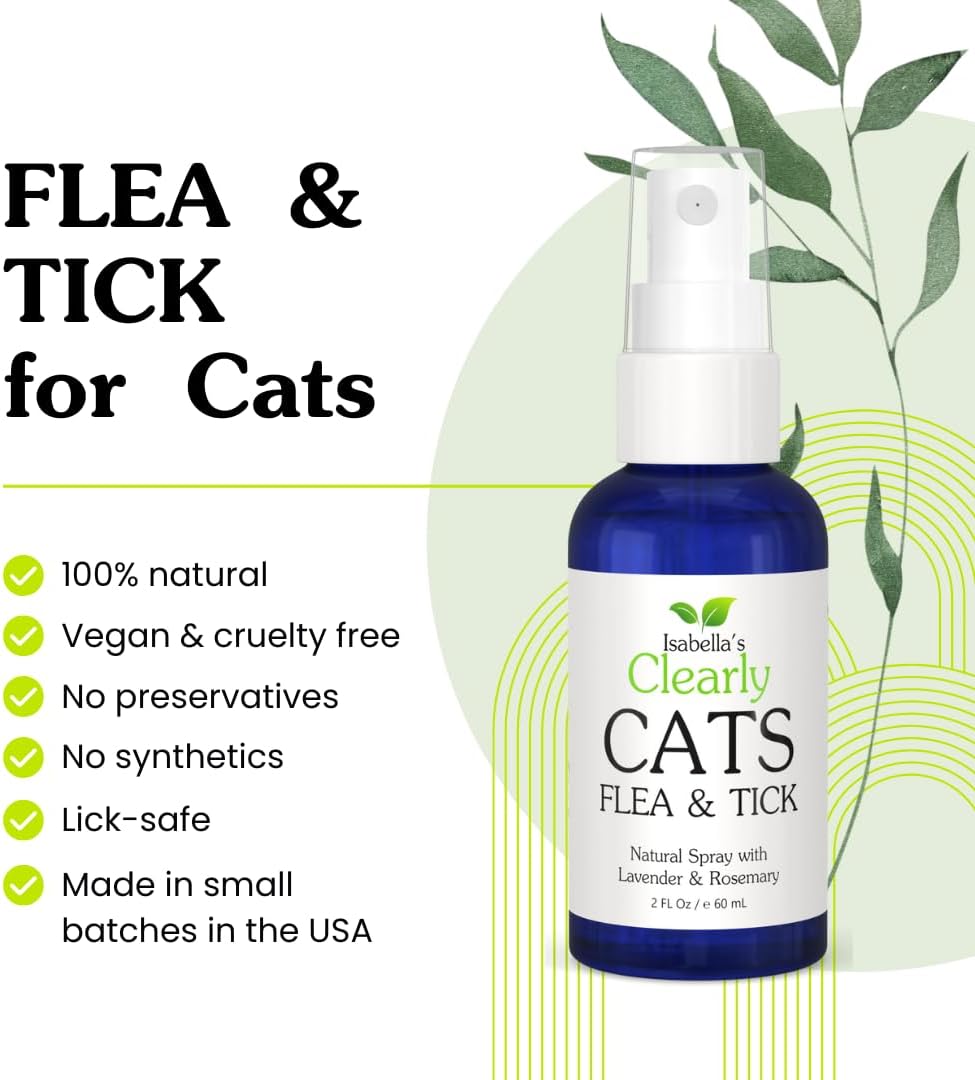 Isabella's Clearly Cats topical pet spray packaging showing rosemary and lavender ingredients