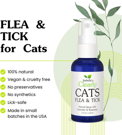 Isabella's Clearly Cats topical pet spray packaging showing rosemary and lavender ingredients