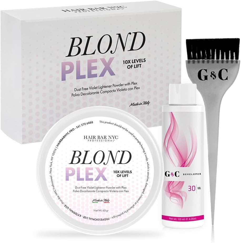 Hair Bar NYC Blond Plex Lightener and Developer Kit front view showing the violet bleach powder container and mixing developer bottle.