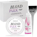 Hair Bar NYC Blond Plex Lightener and Developer Kit front view showing the violet bleach powder container and mixing developer bottle.