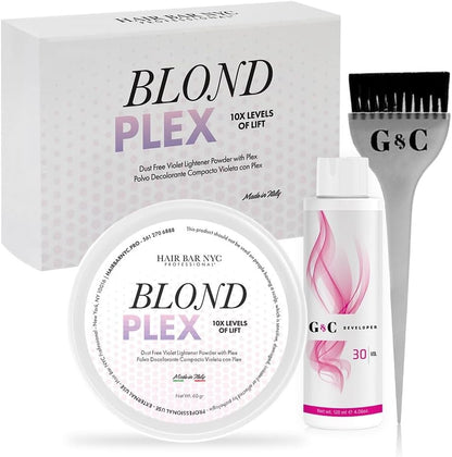 Hair Bar NYC Blond Plex Lightener and Developer Kit front view showing the violet bleach powder container and mixing developer bottle.