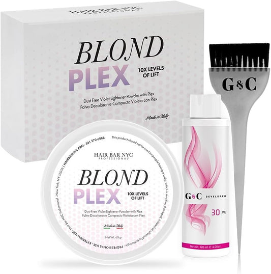 Hair Bar NYC Blond Plex Lightener and Developer Kit front view showing the violet bleach powder container and mixing developer bottle.