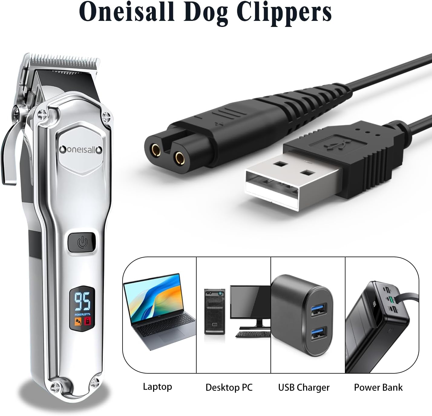 Six point five feet black USB charging wire for dog grooming tool