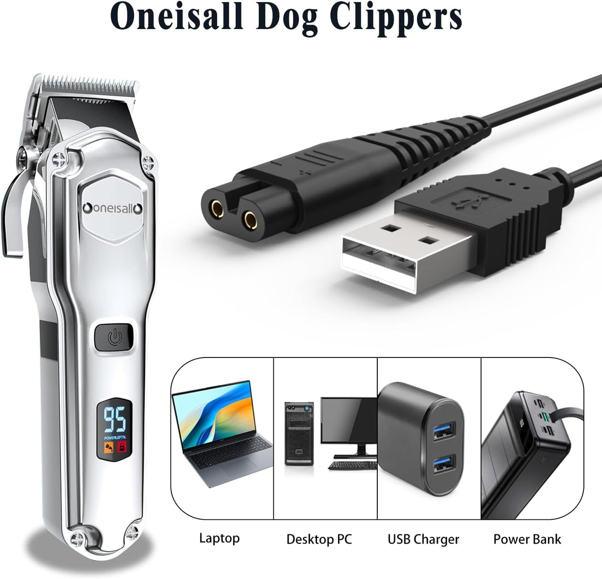 Six point five feet black USB charging wire for dog grooming tool