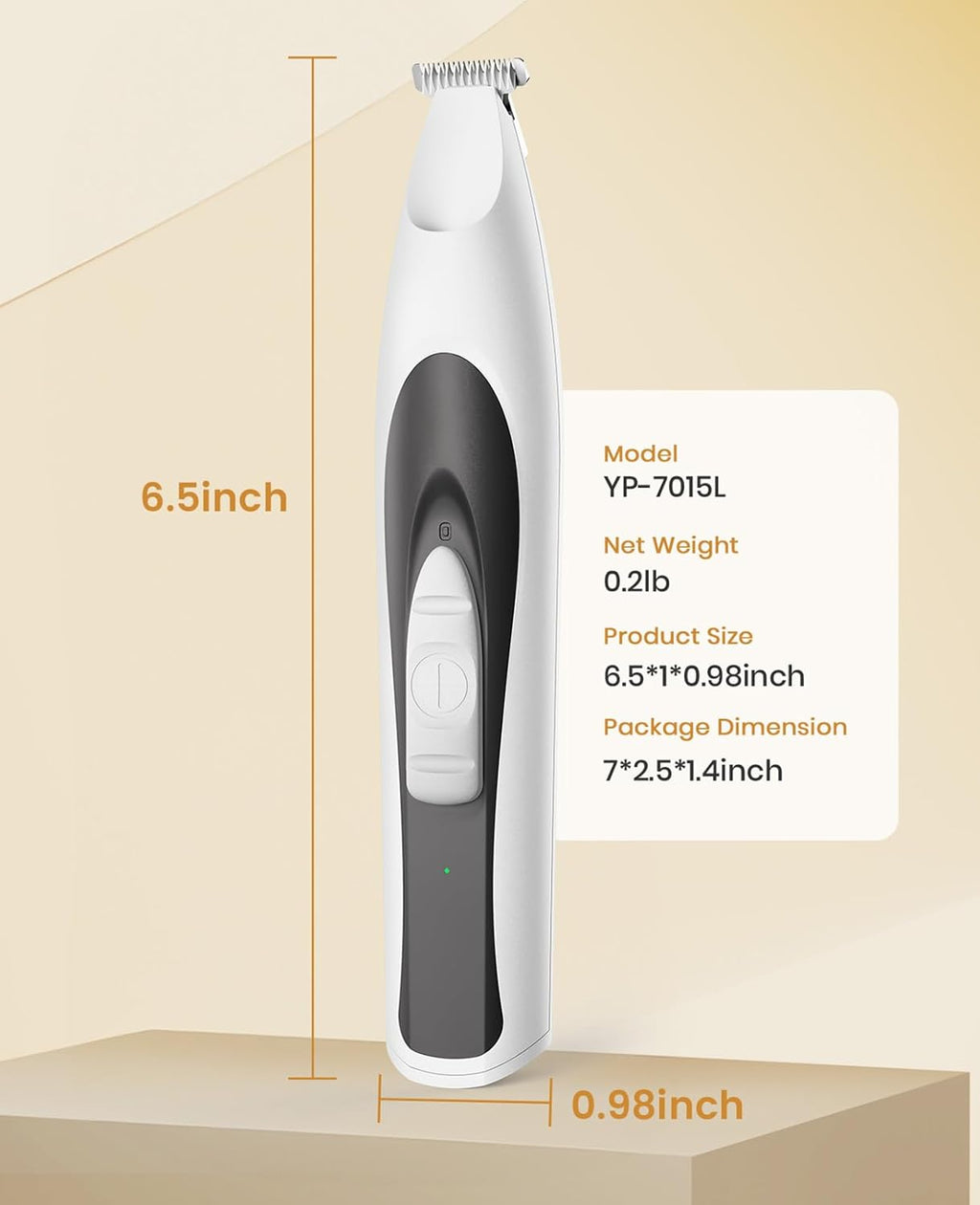 Compact pet detailing trimmer showcasing the power button and light feature
