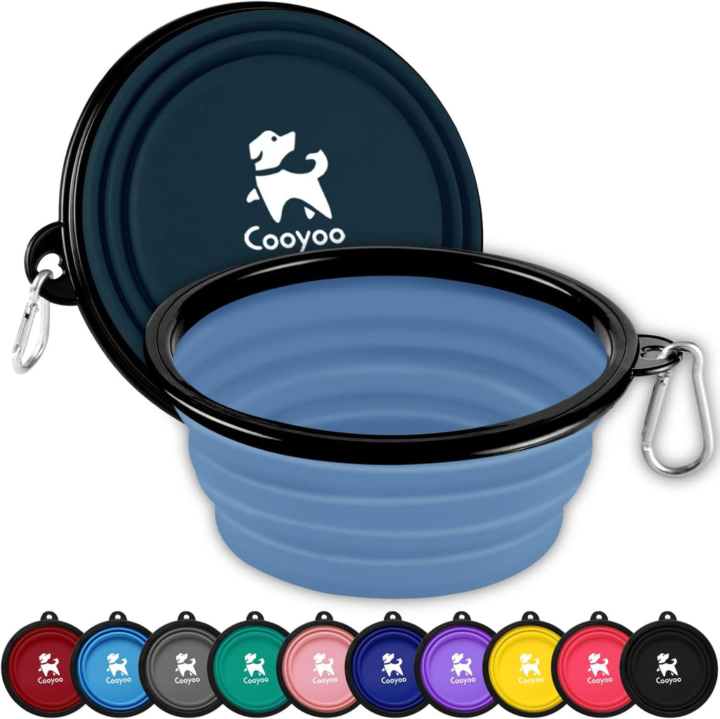COOYOO Collapsible Dog Bowl front view of blue and red portable pet travel dishes.