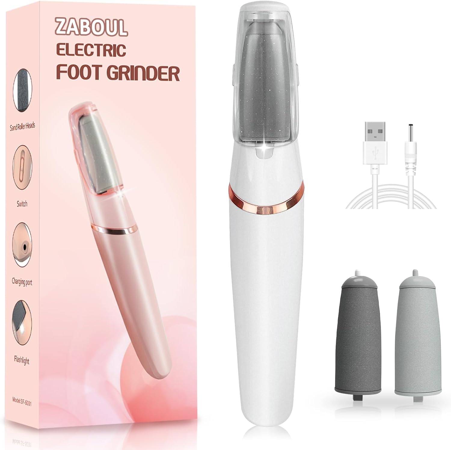 Zaboul Electric Foot Callus Remover front view white and rose gold