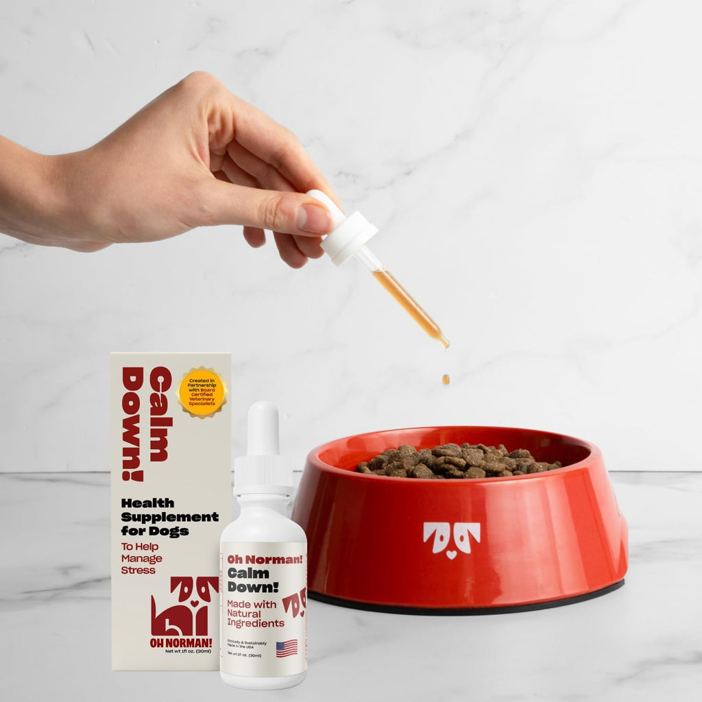 Oh Norman pet supplement bottle with dropper open
