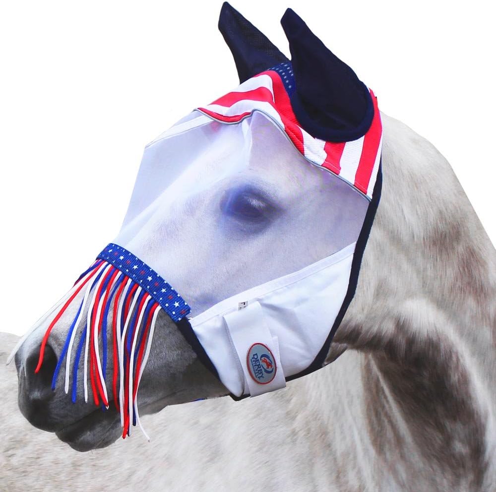 Close up of horse fly mask nose fringe and mesh fabric