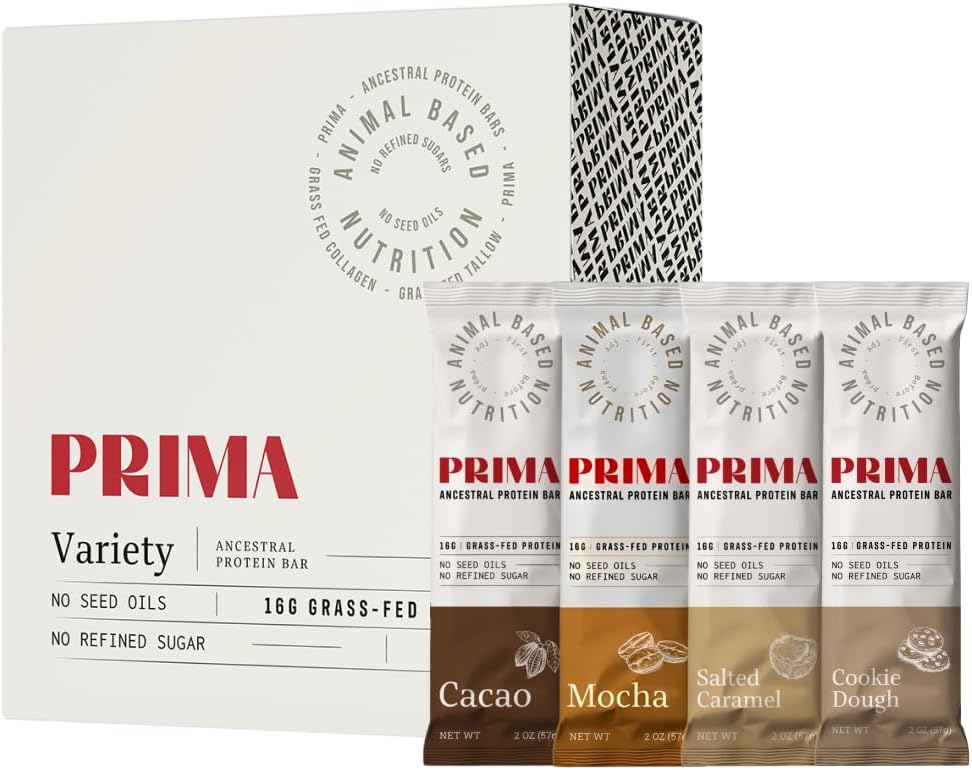 PRIMA ANCESTRAL PROTEIN BAR Grass Fed Protein Bars, 7 Pack – Animal-Based Protein Bar with Beef Tallow, Raw Honey, Seed Oil Free, Low Carb, Gluten-Free – Healthy, Energy Snacks for Clean Lifestyle (7 Pack, Variety Pack) - Image 1