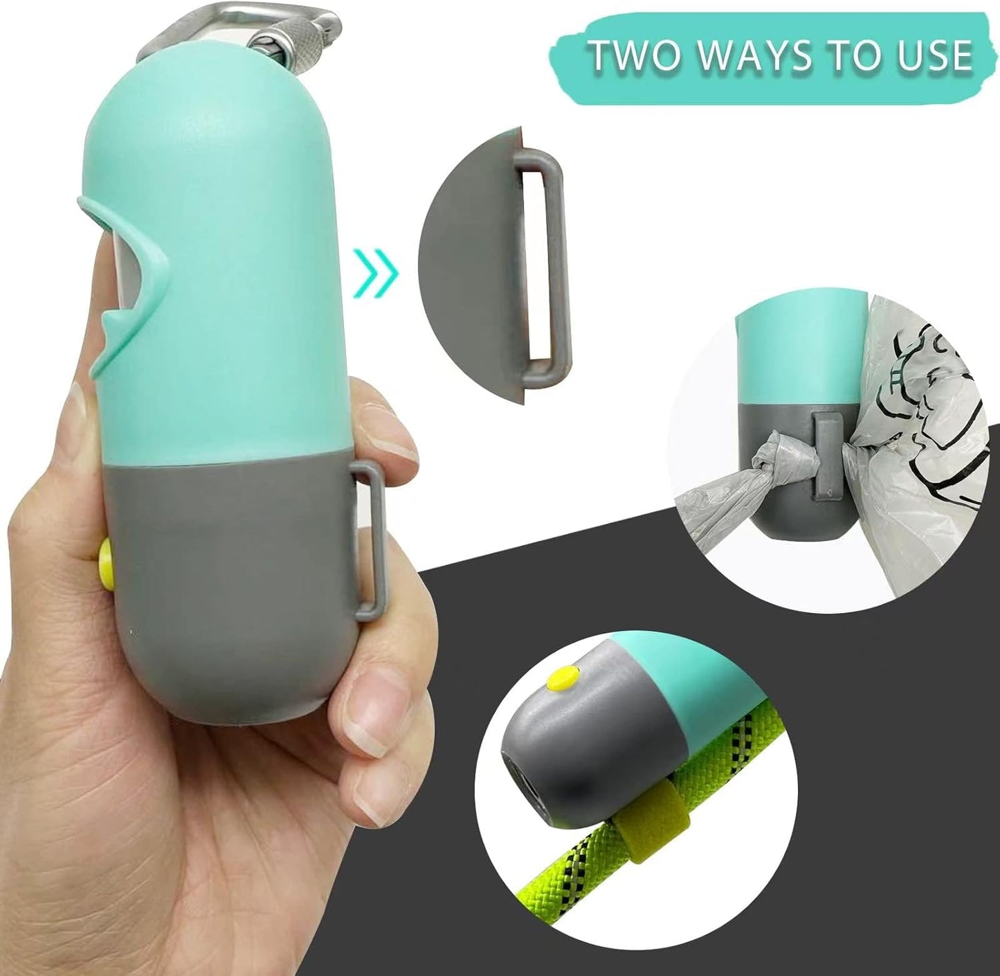 Premium dog leash bag dispenser capsule open view showing fifteen count scented bags roll.