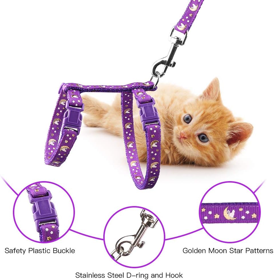 Glow in the dark purple kitty harness with luminous moon patterns side view