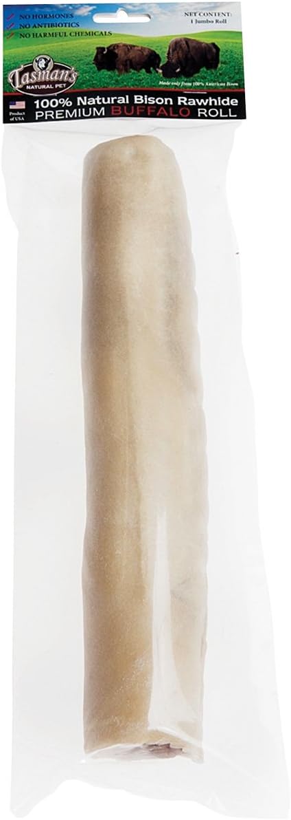 Authentic USA imported Tasman's Natural Pet large dog rawhide rolls for healthy dental chewing.