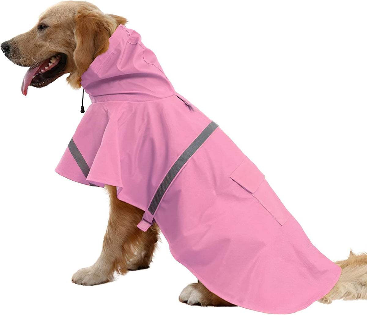NACOCO Large Dog Raincoat front view showing the pink waterproof fabric and hood.