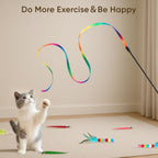 Ergonomic lightweight cat training wand handle attached to a vibrant pink feather refill
