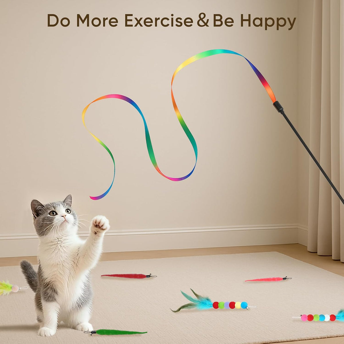 Ergonomic lightweight cat training wand handle attached to a vibrant pink feather refill
