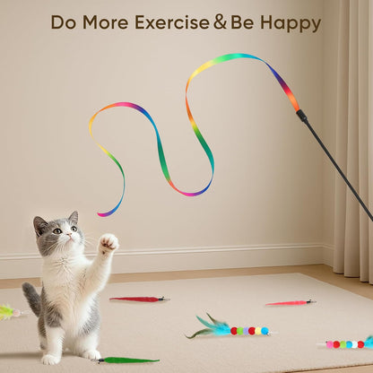 Ergonomic lightweight cat training wand handle attached to a vibrant pink feather refill