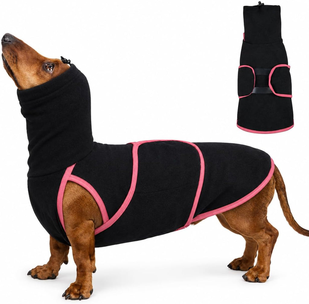 Adnikia dog anxiety jacket front view showing the pink and black calming shirt design.