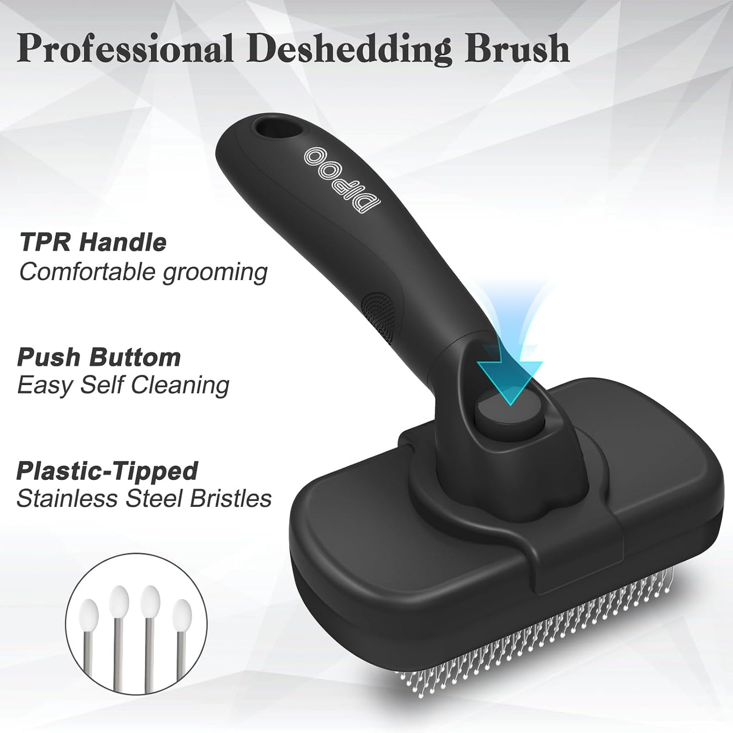 Dipoo grooming tool for dogs and cats displaying the stainless steel bristles with protective round tips.