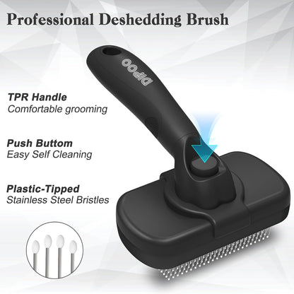 Dipoo grooming tool for dogs and cats displaying the stainless steel bristles with protective round tips.
