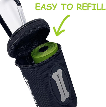Tripolaco hands free pet waste bag holder attached to a standard leash